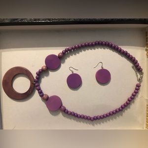 Wooden necklace and earring set. Purple and brown